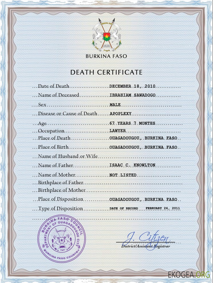 Modèle PSD de certificat de décès de l'état civil du Burkina Faso